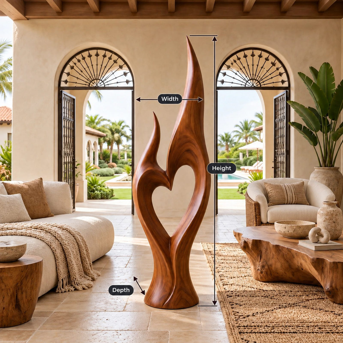 Organic Twin Flame Floor Sculpture With Open Heart Cutout For Entryway