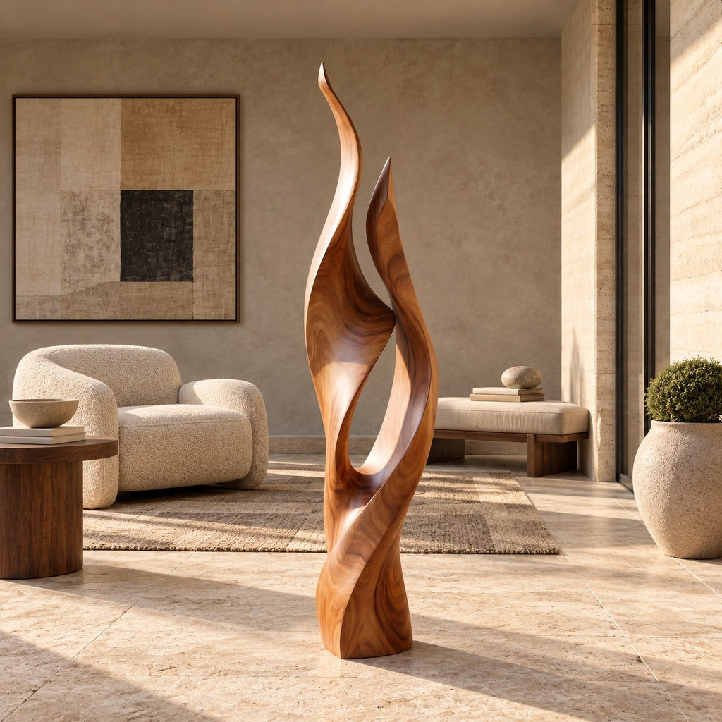 Contemporary Flame Floor Sculpture With Sweeping Curves For Home Office