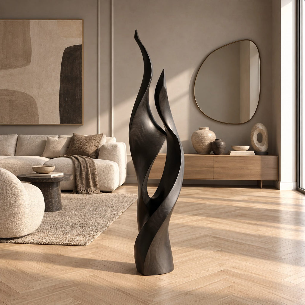 Contemporary Flame Floor Sculpture With Sweeping Curves For Home Office