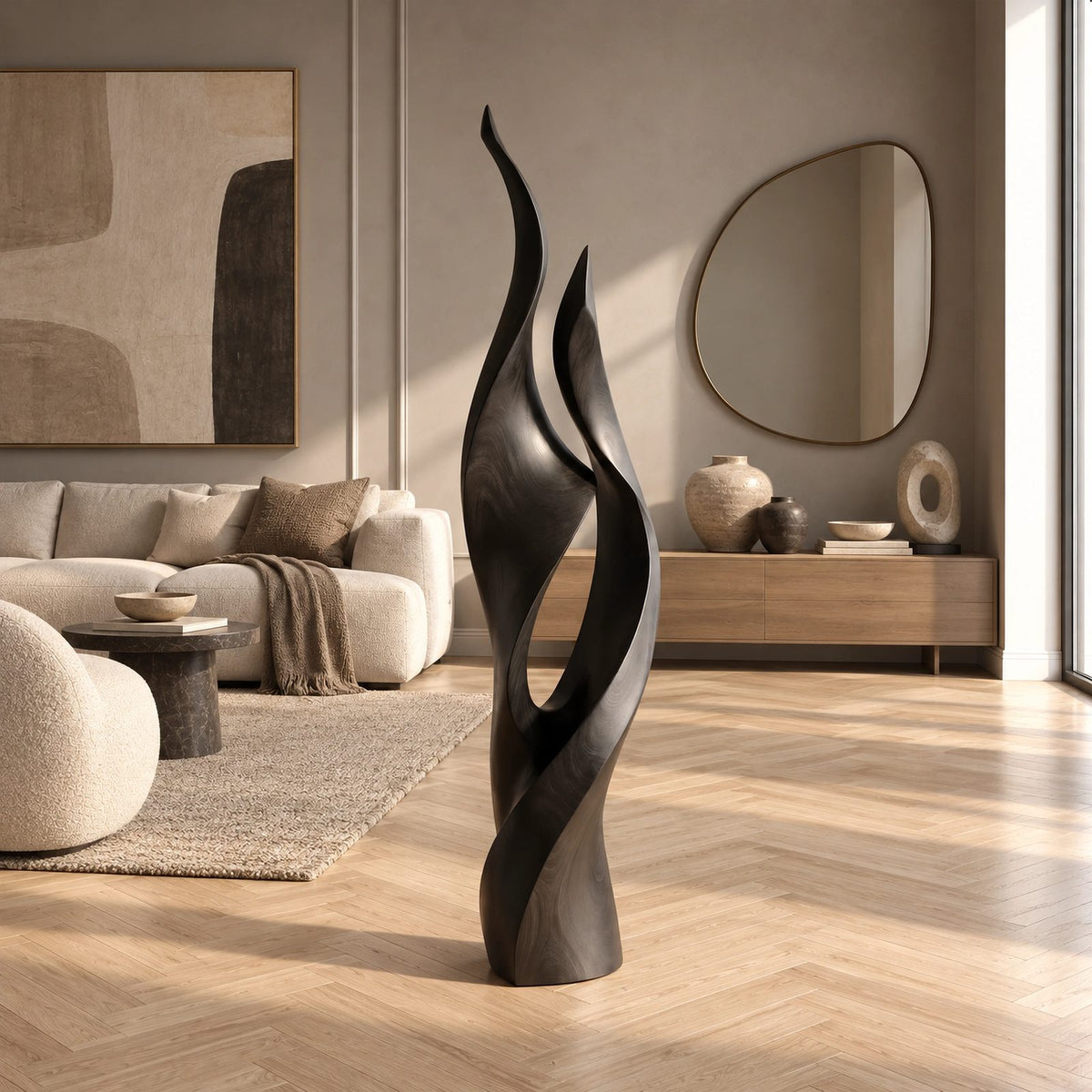 Contemporary Flame Floor Sculpture With Sweeping Curves For Home Office