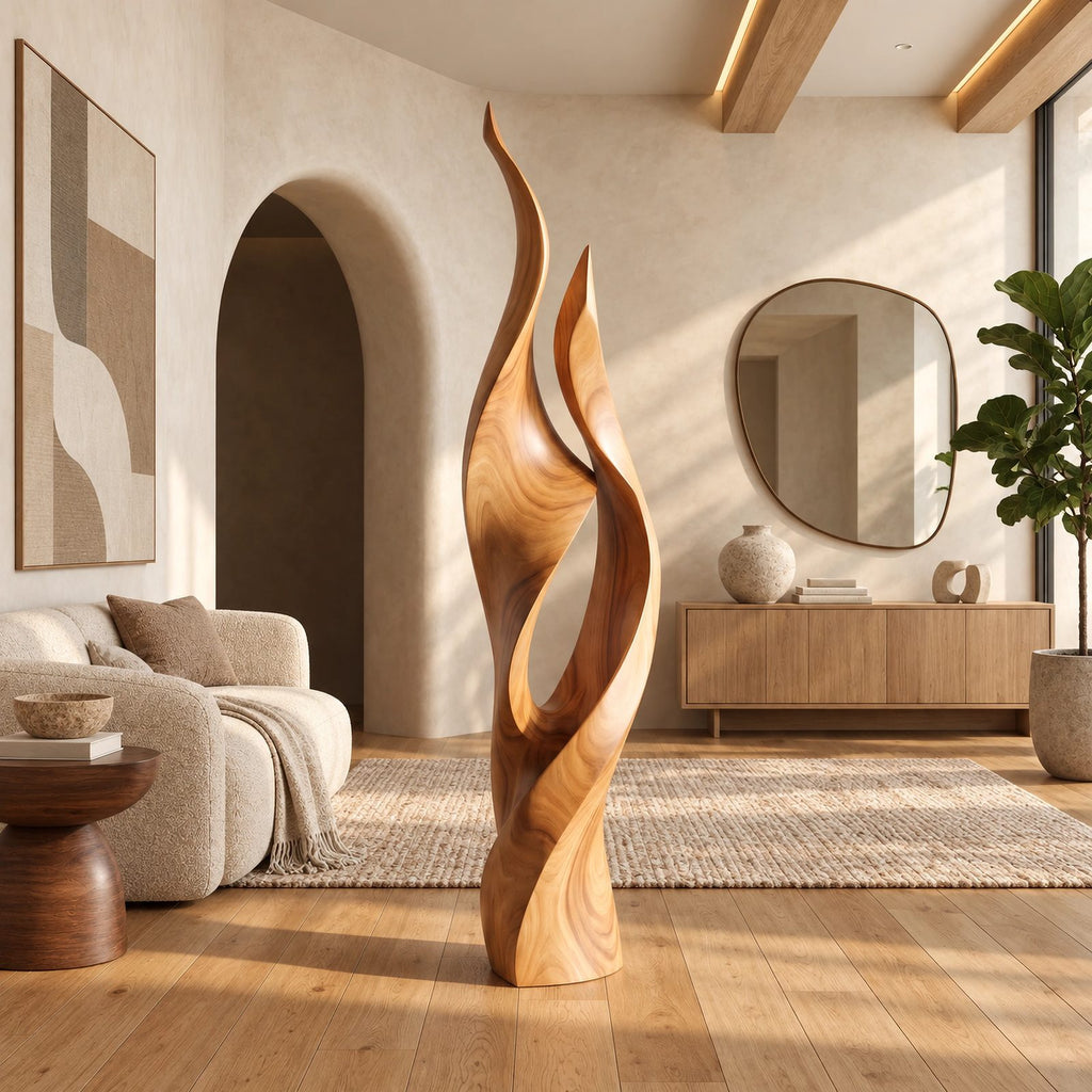 Contemporary Flame Floor Sculpture With Sweeping Curves For Home Office