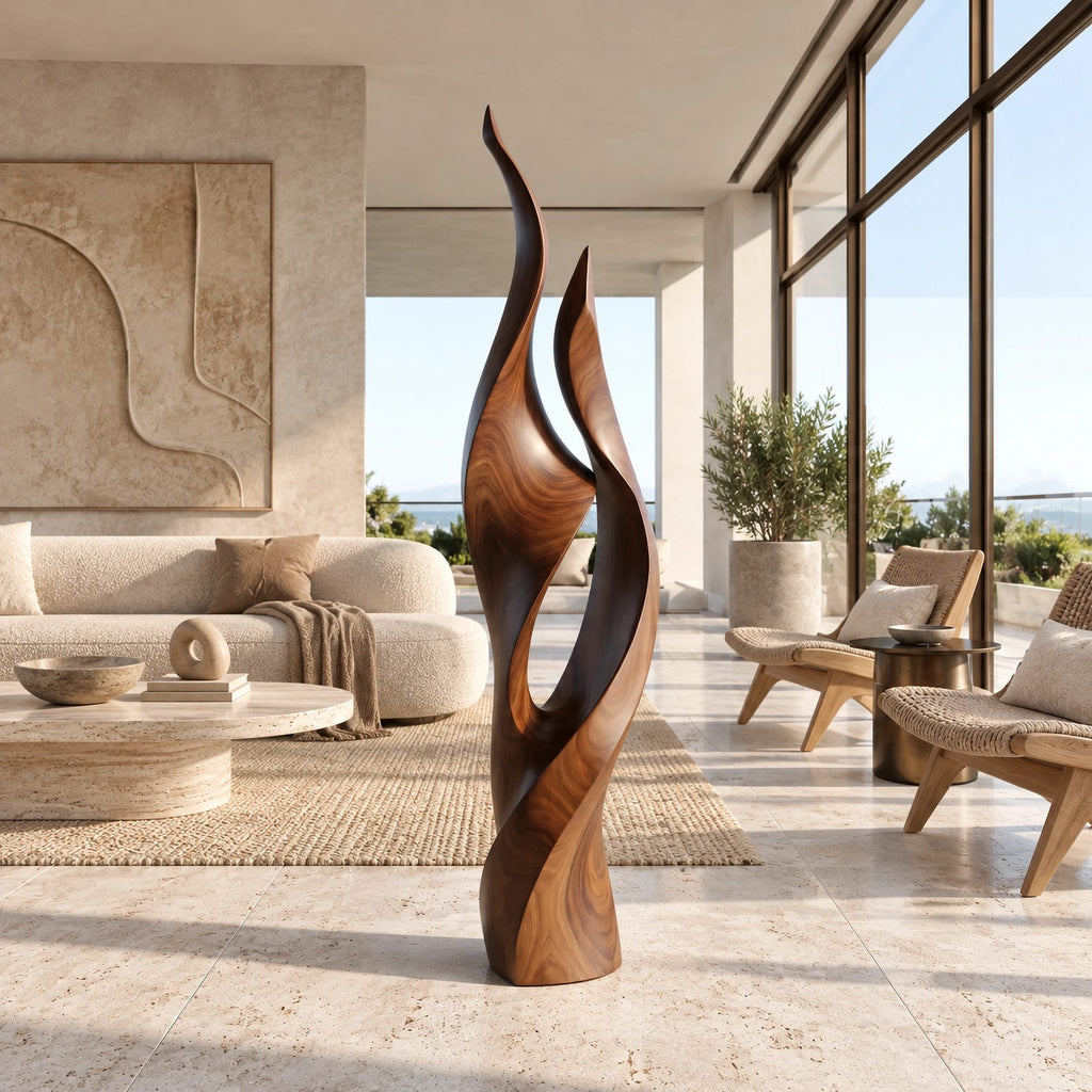 Contemporary Flame Floor Sculpture With Sweeping Curves For Home Office