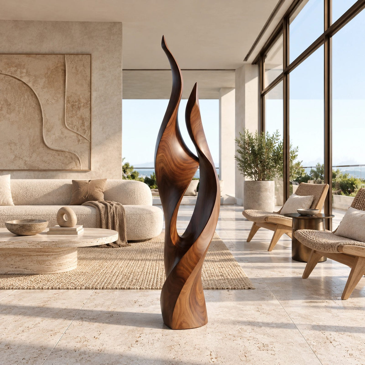 Contemporary Flame Floor Sculpture With Sweeping Curves For Home Office