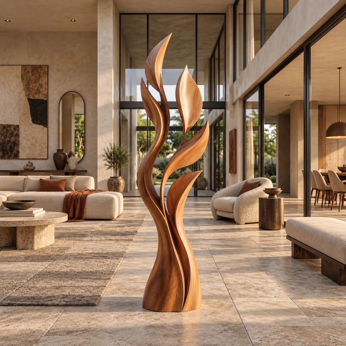 Modern Flame Cluster Floor Sculpture With Curved Blades For Entryway