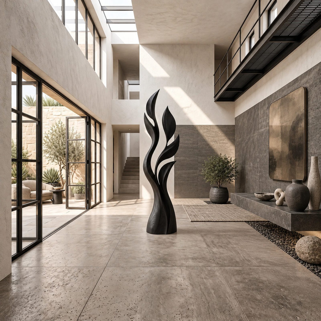 Modern Flame Cluster Floor Sculpture With Curved Blades For Entryway