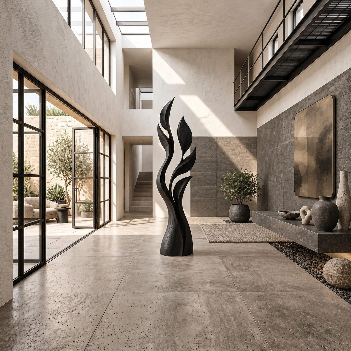 Modern Flame Cluster Floor Sculpture With Curved Blades For Entryway