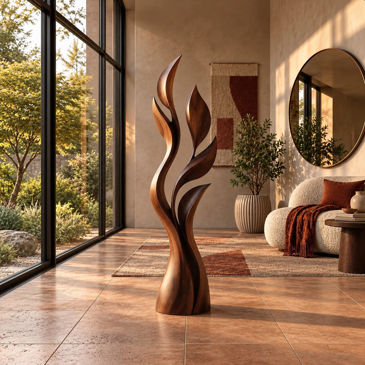 Modern Flame Cluster Floor Sculpture With Curved Blades For Entryway