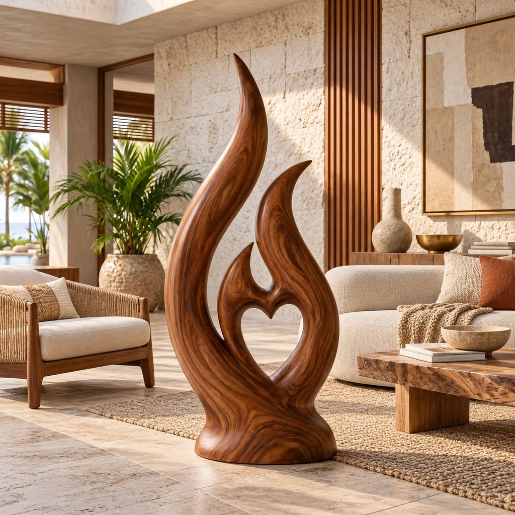 Mid Century Flame Floor Sculpture With Carved Heart Opening For Living Room
