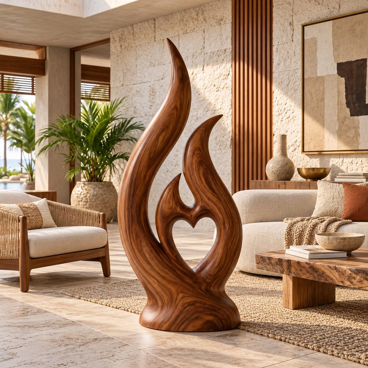 Mid Century Flame Floor Sculpture With Carved Heart Opening For Living Room
