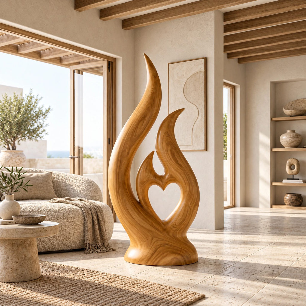 Mid Century Flame Floor Sculpture With Carved Heart Opening For Living Room