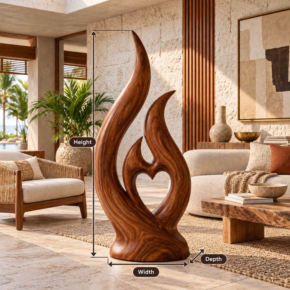 Mid Century Flame Floor Sculpture With Carved Heart Opening For Living Room