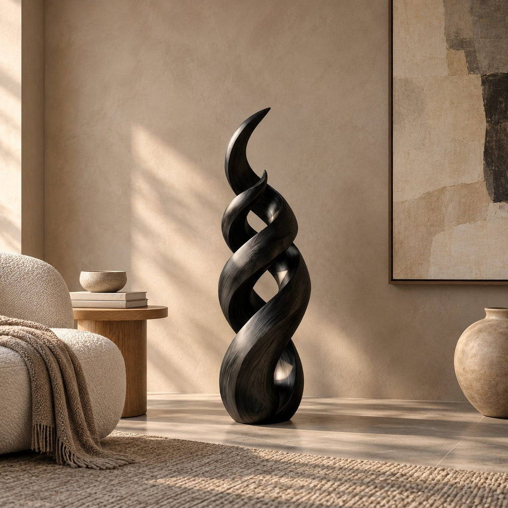 Rustic Spiral Wood Sculpture With Twisting Double Helix For Patio