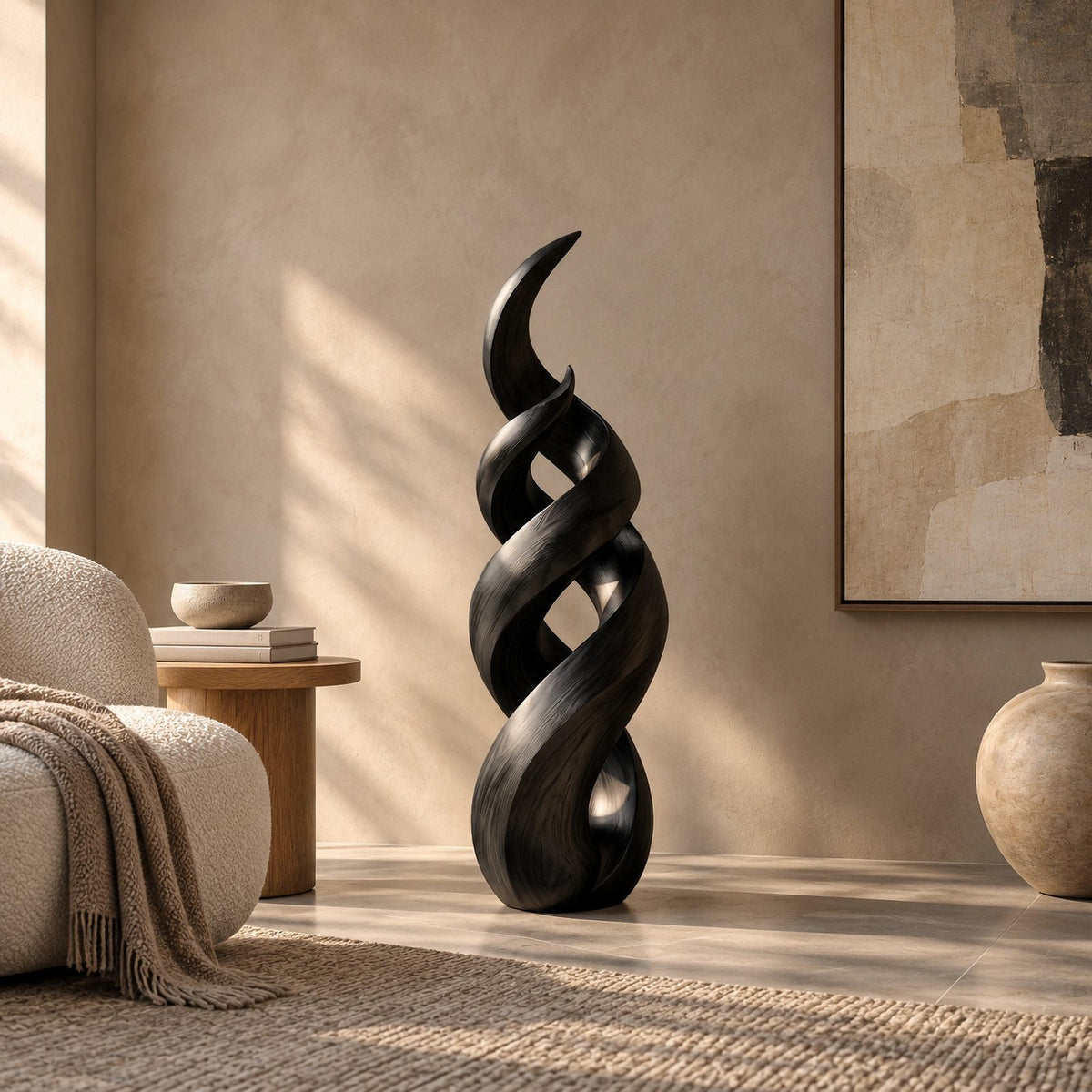 Rustic Spiral Wood Sculpture With Twisting Double Helix For Patio