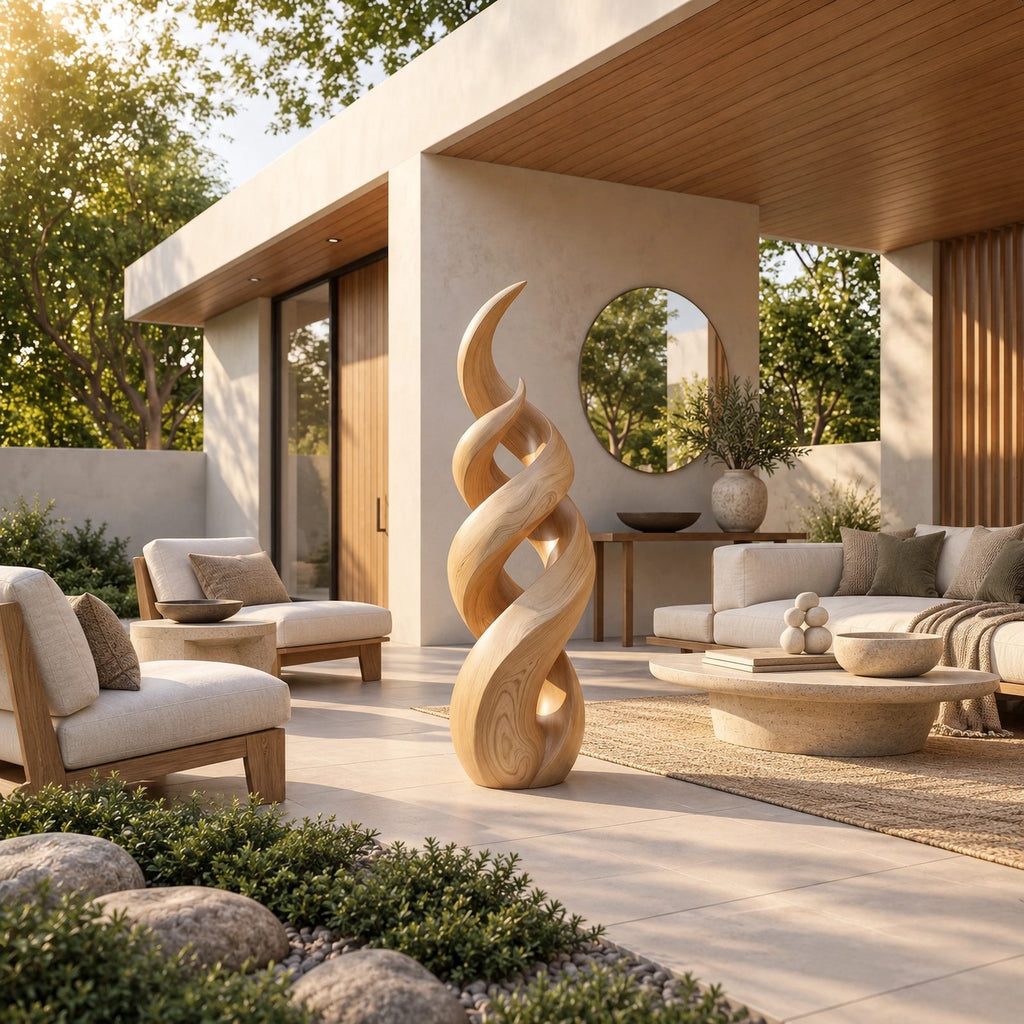 Rustic Spiral Wood Sculpture With Twisting Double Helix For Patio