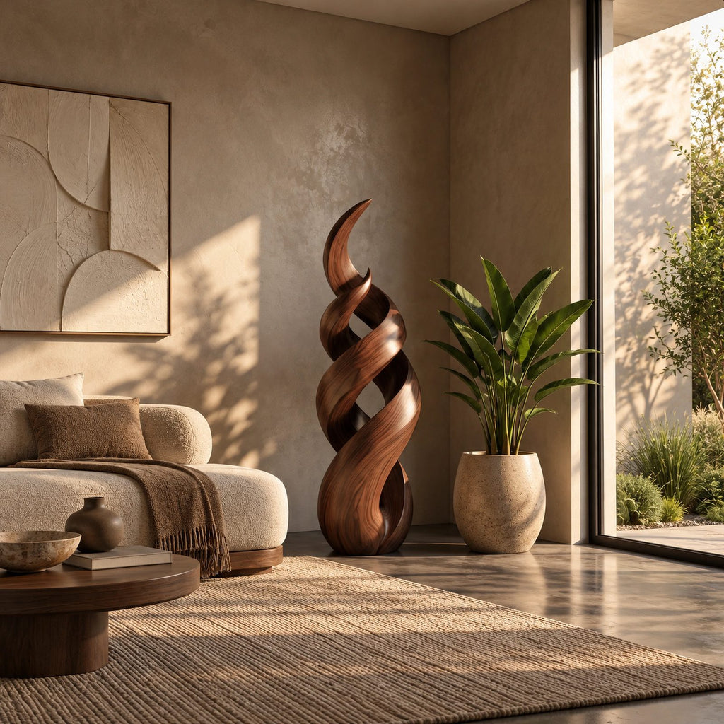 Rustic Spiral Wood Sculpture With Twisting Double Helix For Patio