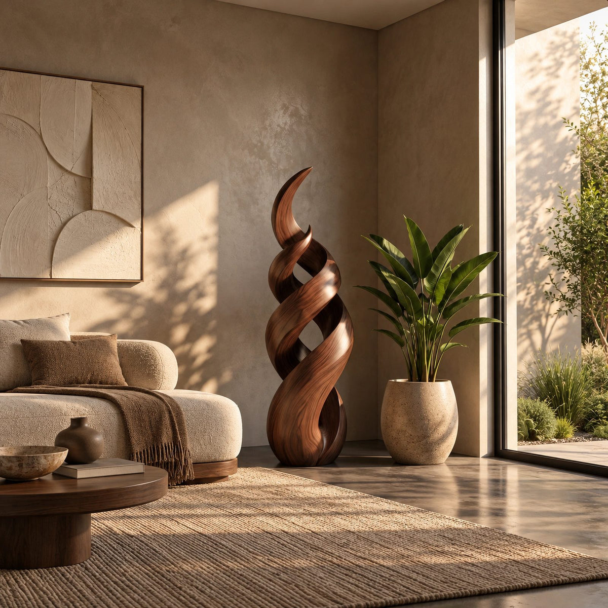 Rustic Spiral Wood Sculpture With Twisting Double Helix For Patio