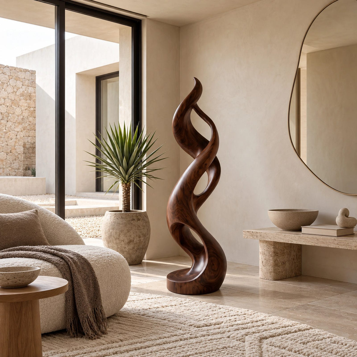 Coastal Flowing Wood Sculpture With Twisting Silhouette For Patio