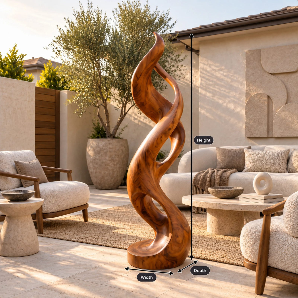 Coastal Flowing Wood Sculpture With Twisting Silhouette For Patio