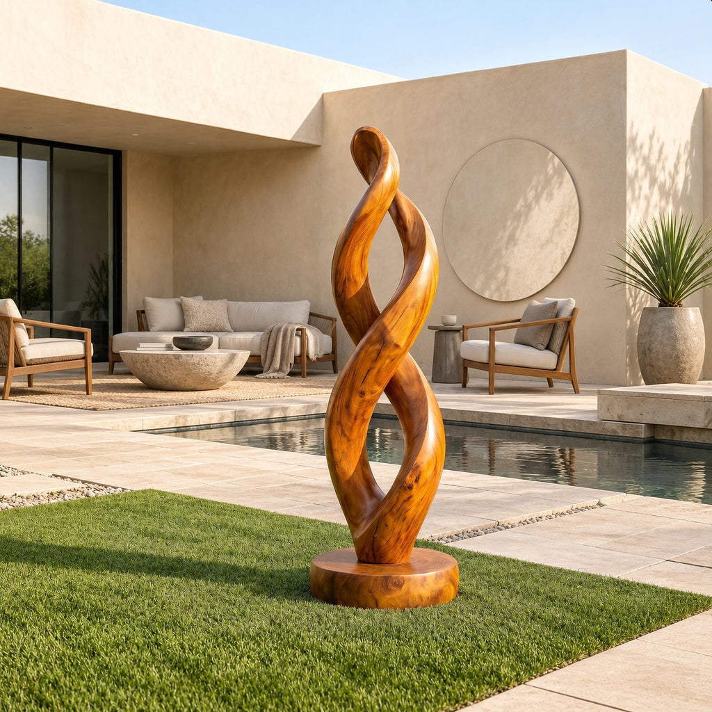 Organic Infinity Twist Wood Sculpture With Carved Loop Form For Living Room