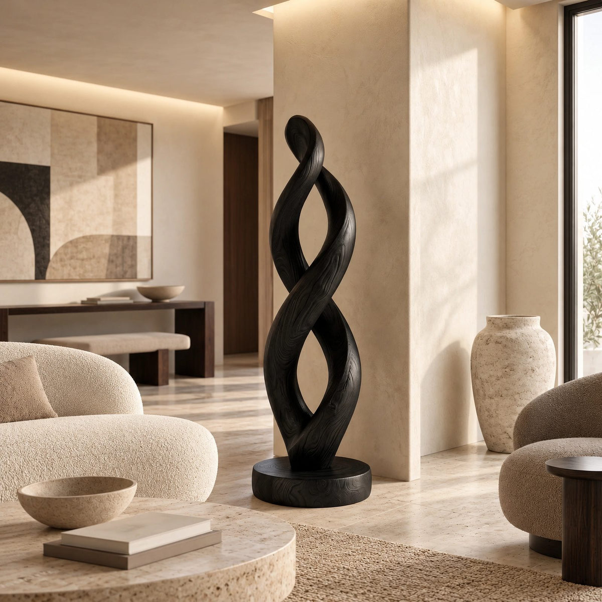 Organic Infinity Twist Wood Sculpture With Carved Loop Form For Living Room