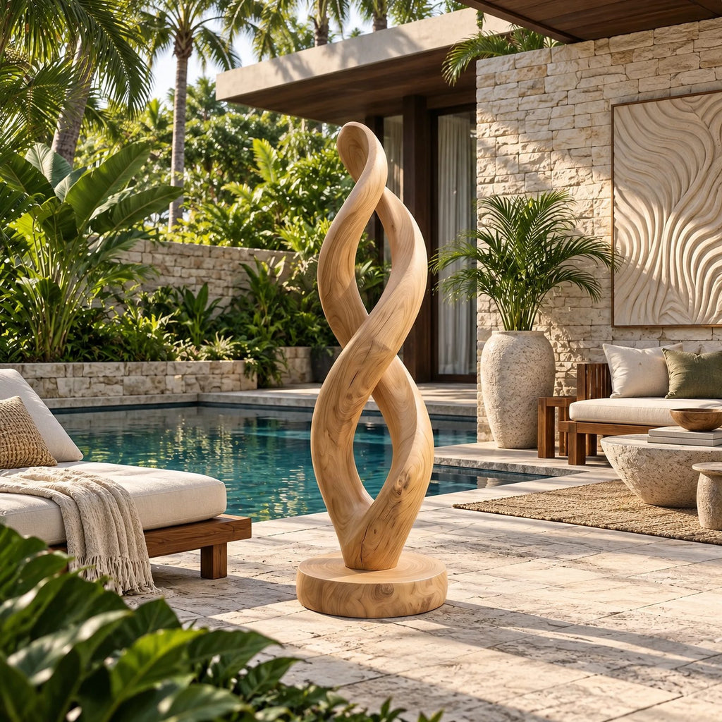 Organic Infinity Twist Wood Sculpture With Carved Loop Form For Living Room