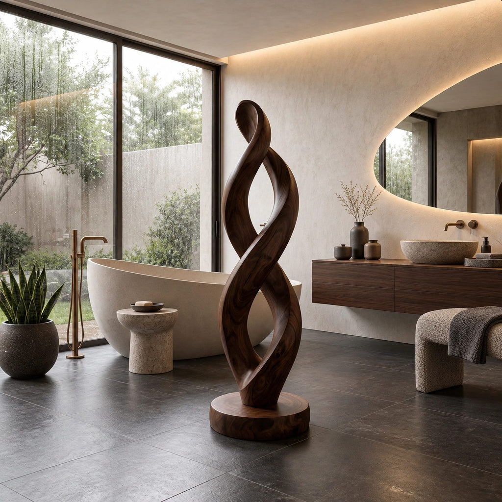 Organic Infinity Twist Wood Sculpture With Carved Loop Form For Living Room