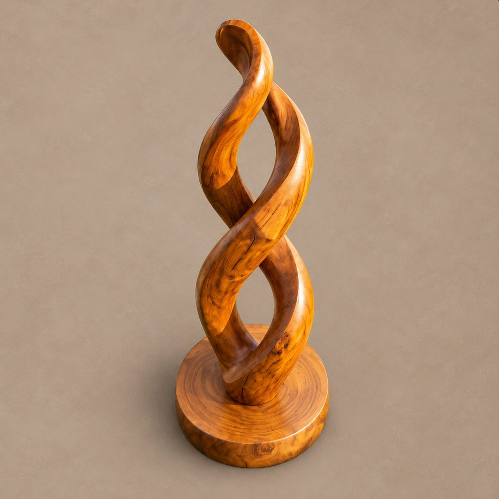 Organic Infinity Twist Wood Sculpture With Carved Loop Form For Living Room