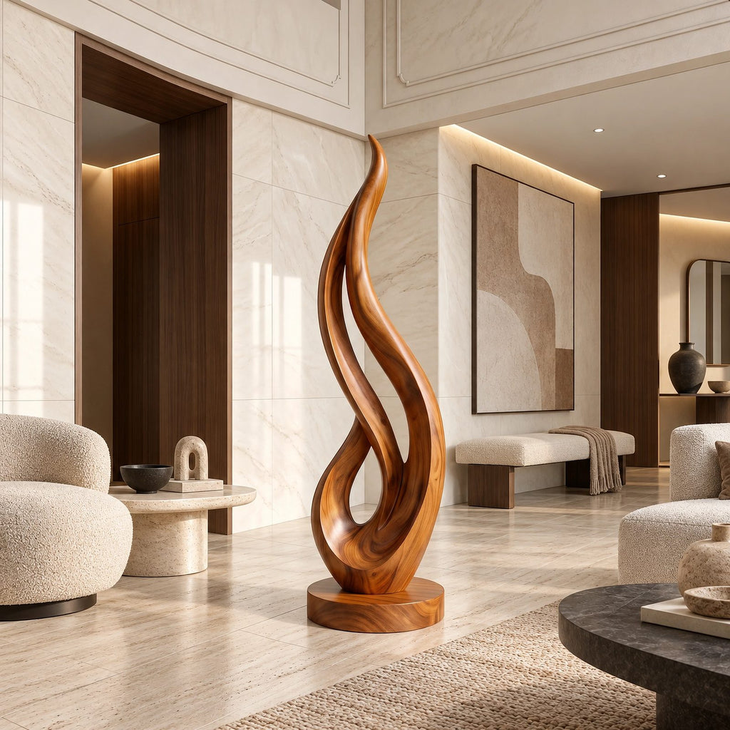 Mid Century Flame Wood Sculpture With Flowing Silhouette For Entryway