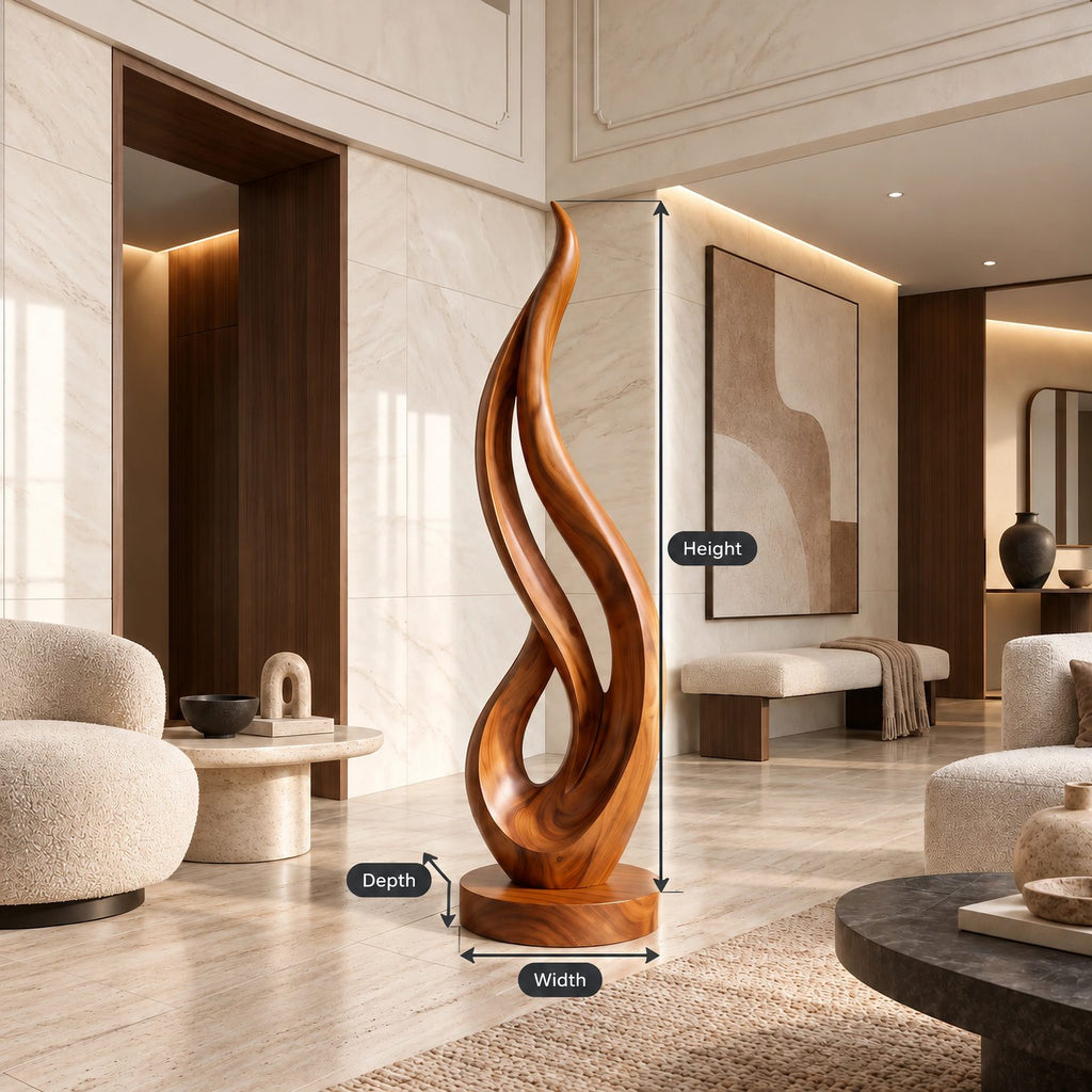 Mid Century Flame Wood Sculpture With Flowing Silhouette For Entryway