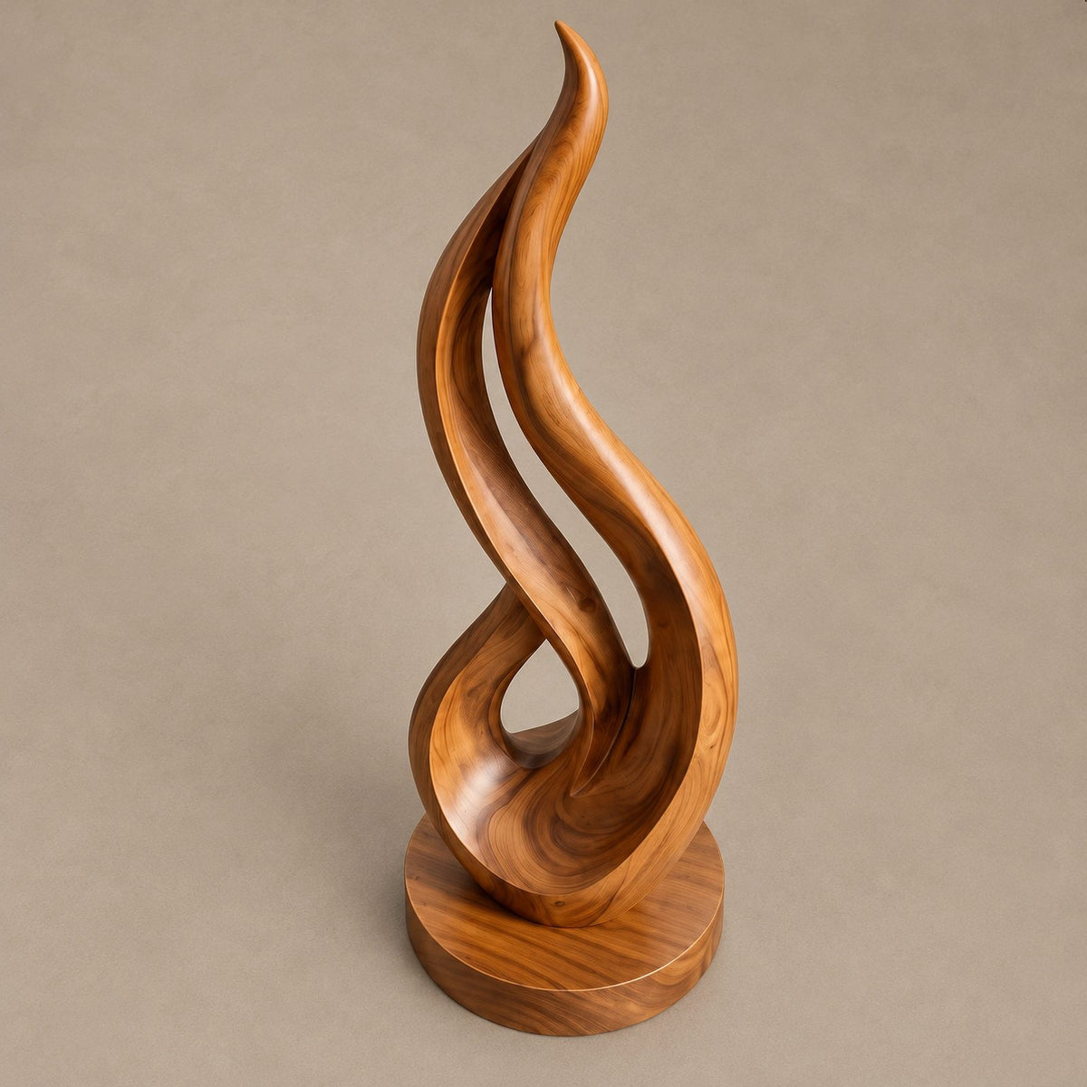 Mid Century Flame Wood Sculpture With Flowing Silhouette For Entryway