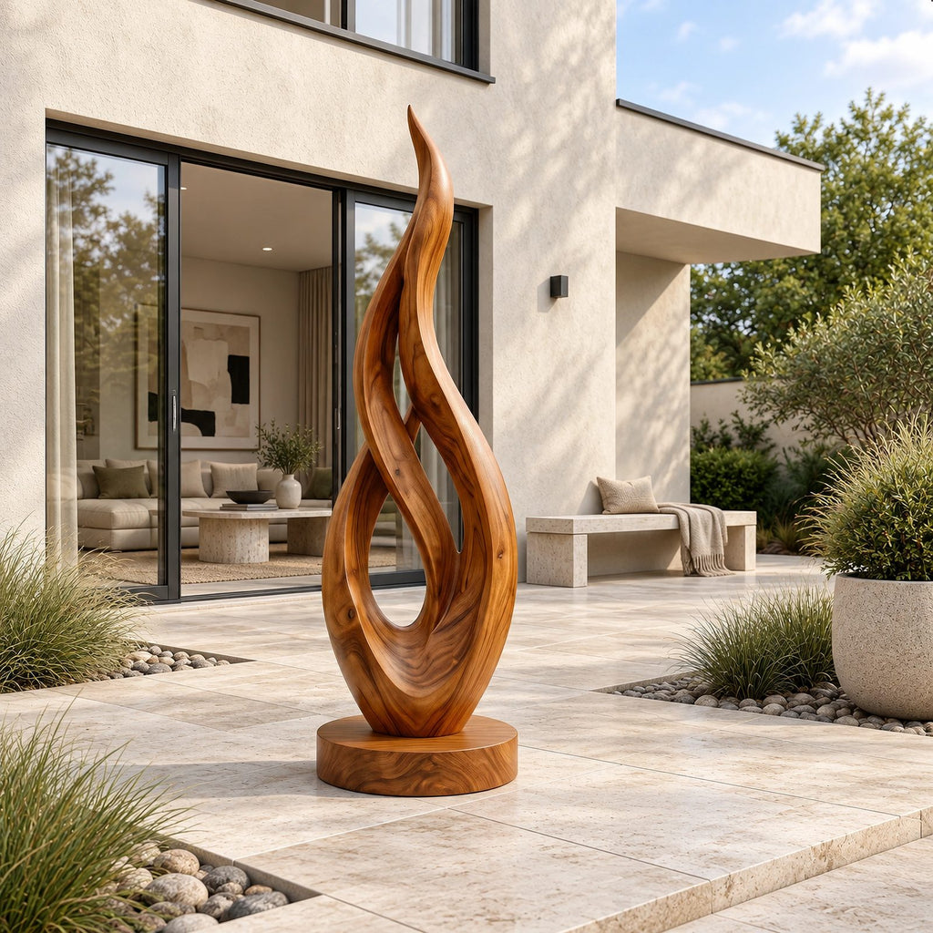 Contemporary Solid Wood Sculpture With Rising Flame Form For Entryway