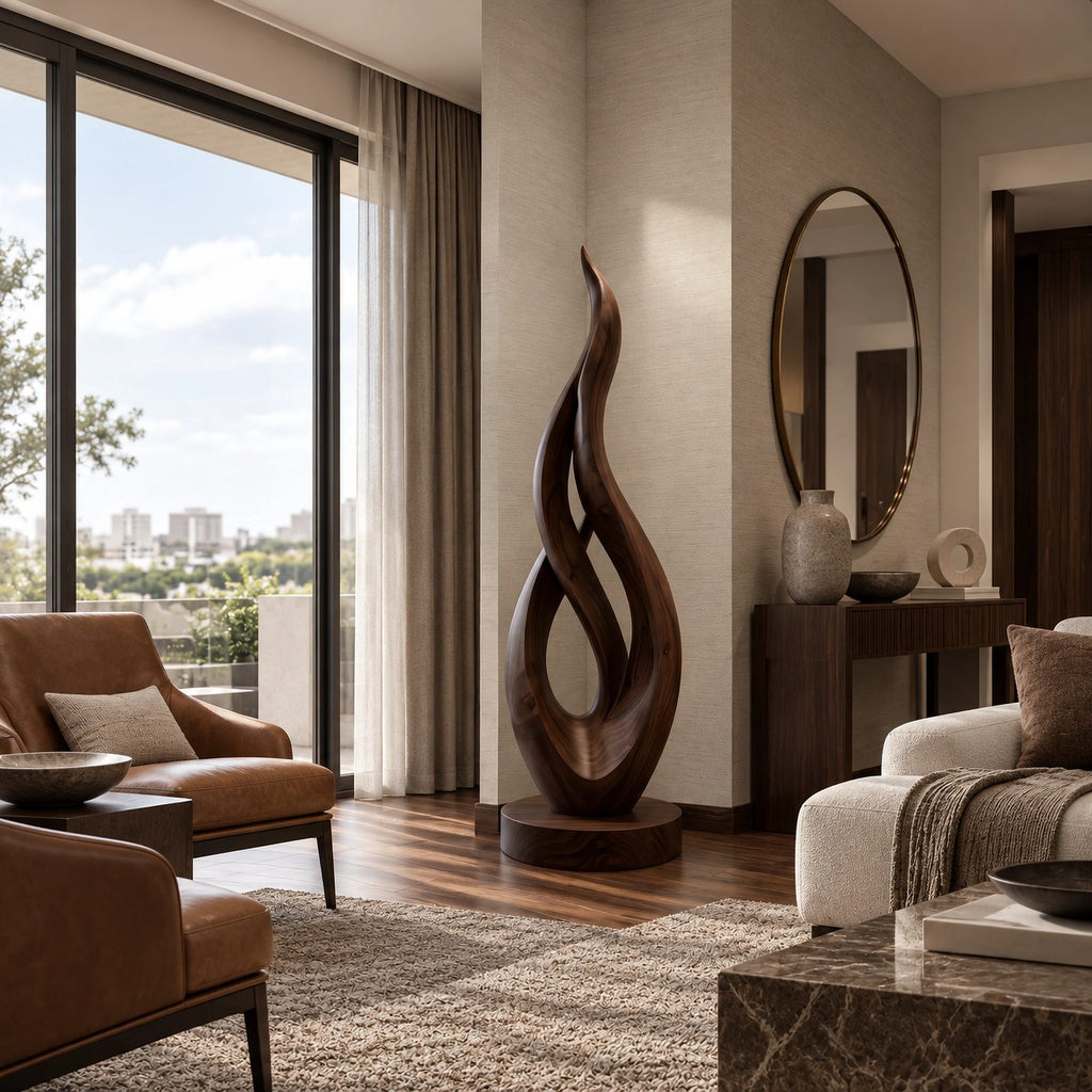 Contemporary Solid Wood Sculpture With Rising Flame Form For Entryway