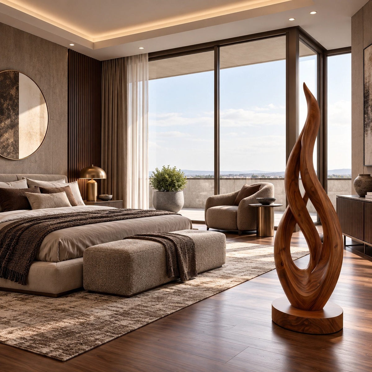 Contemporary Solid Wood Sculpture With Rising Flame Form For Entryway