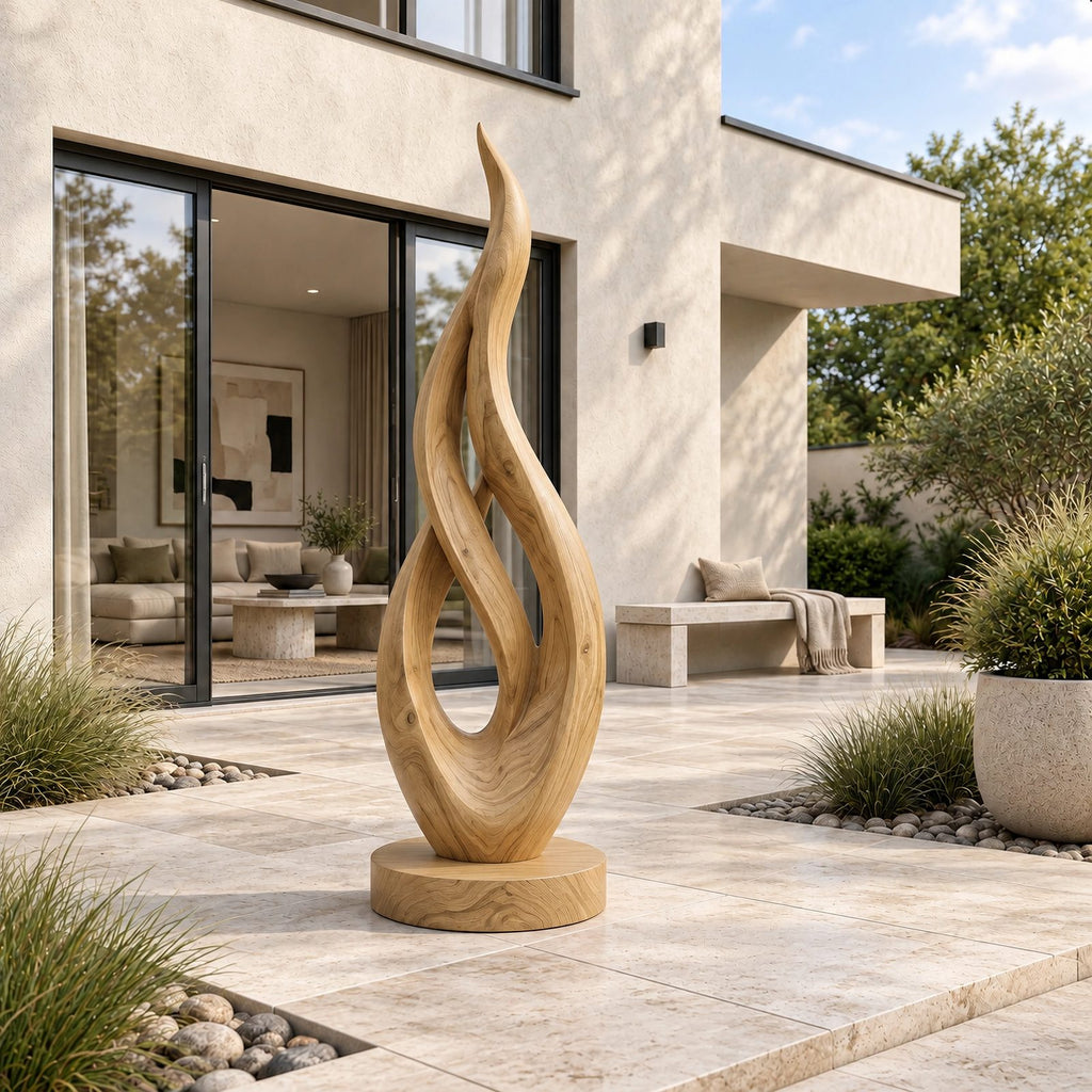 Contemporary Solid Wood Sculpture With Rising Flame Form For Entryway