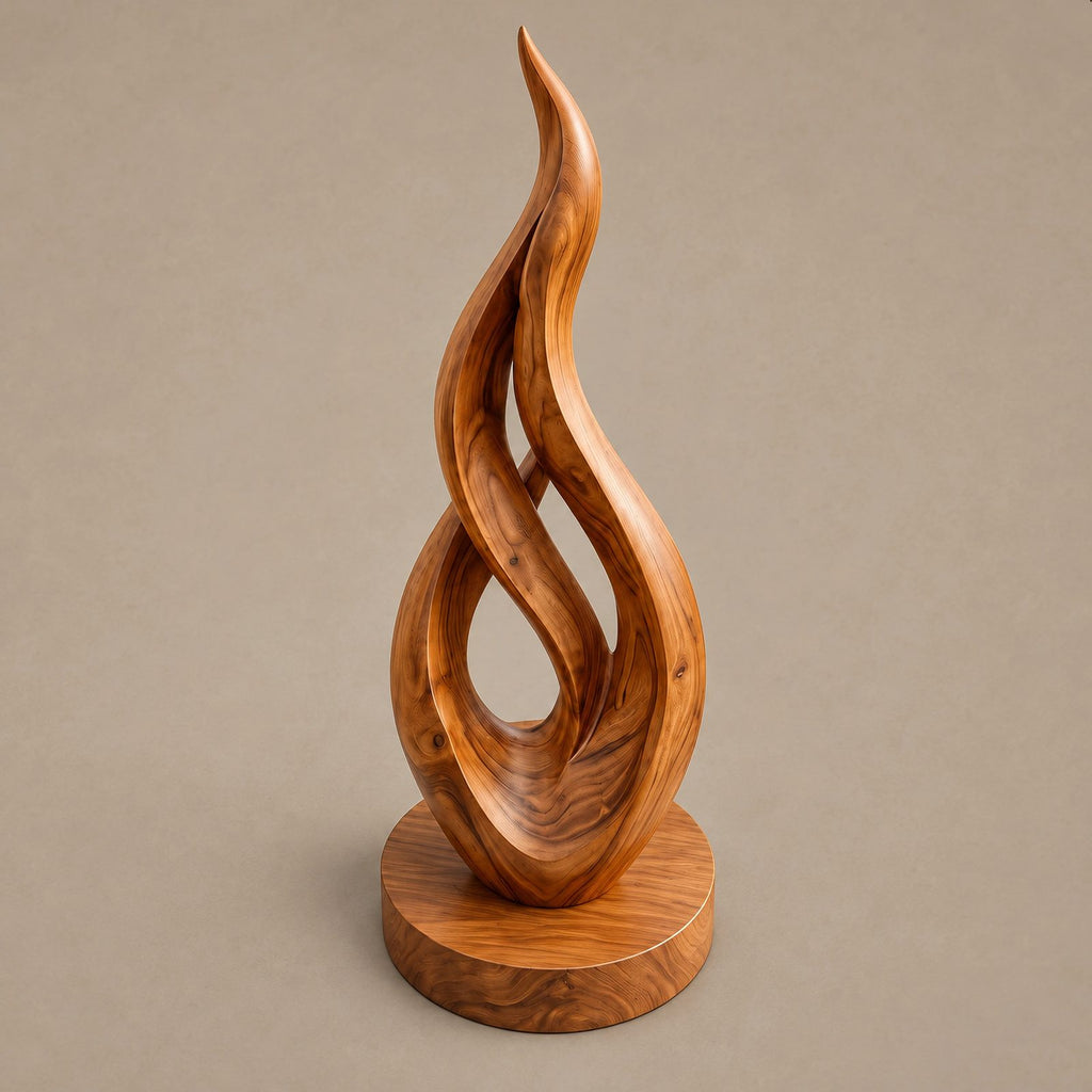Contemporary Solid Wood Sculpture With Rising Flame Form For Entryway