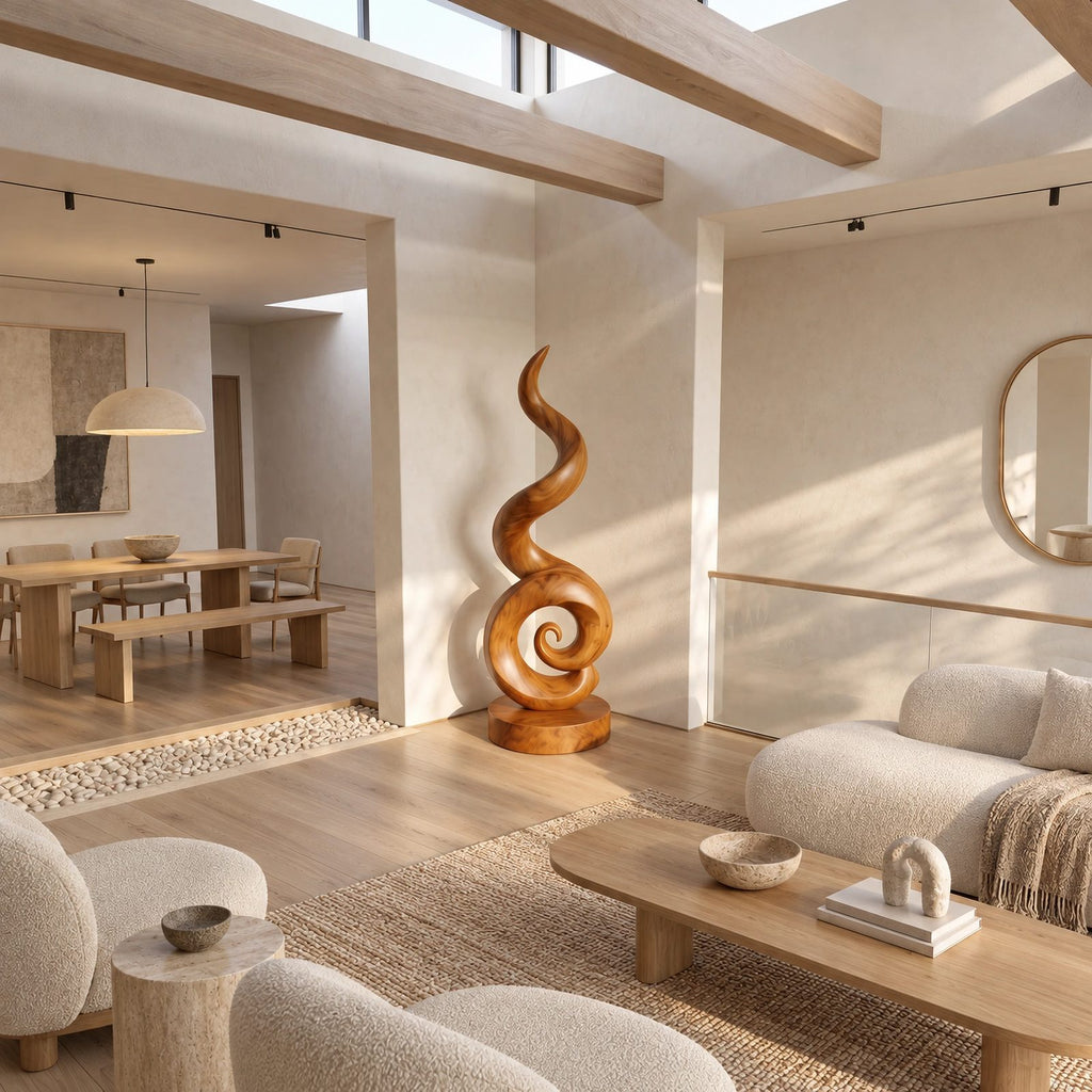 Organic Solid Wood Sculpture With Curled Spiral Base For Home Office