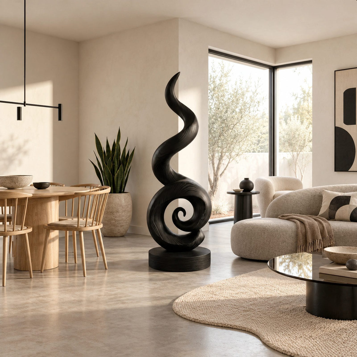 Organic Solid Wood Sculpture With Curled Spiral Base For Home Office