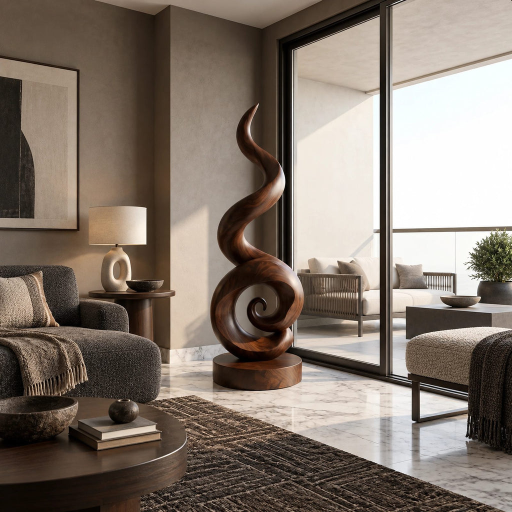 Organic Solid Wood Sculpture With Curled Spiral Base For Home Office