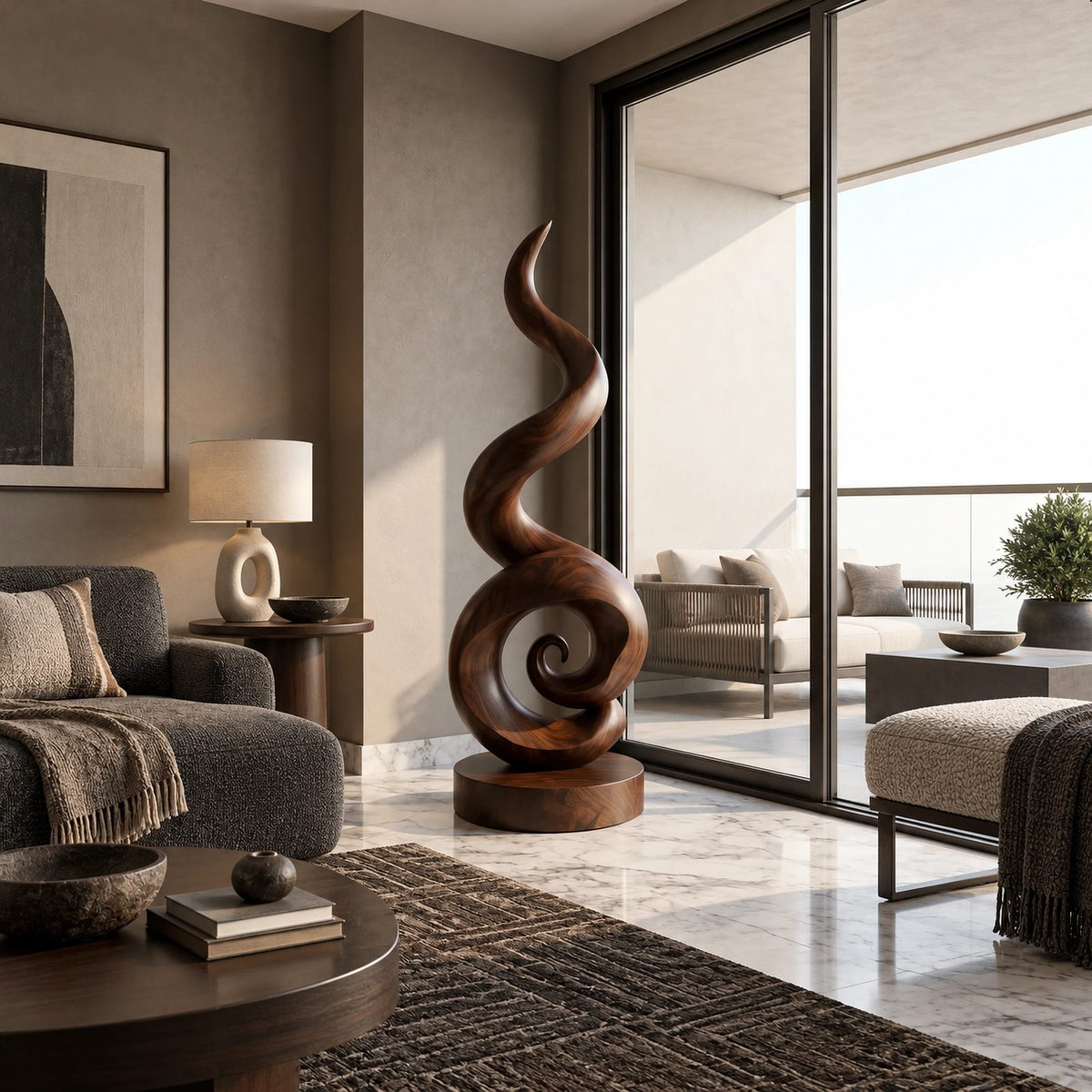 Organic Solid Wood Sculpture With Curled Spiral Base For Home Office