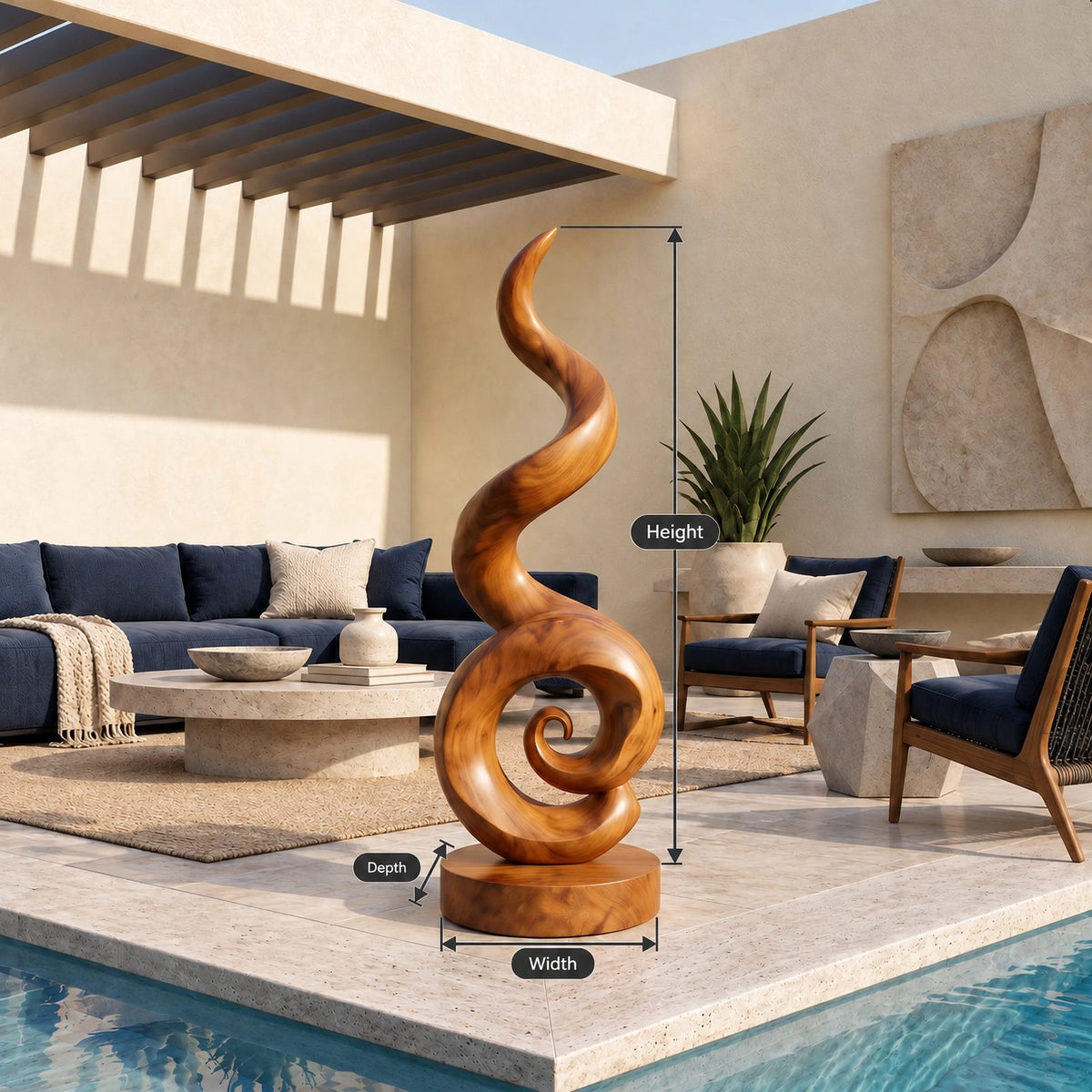 Organic Solid Wood Sculpture With Curled Spiral Base For Home Office