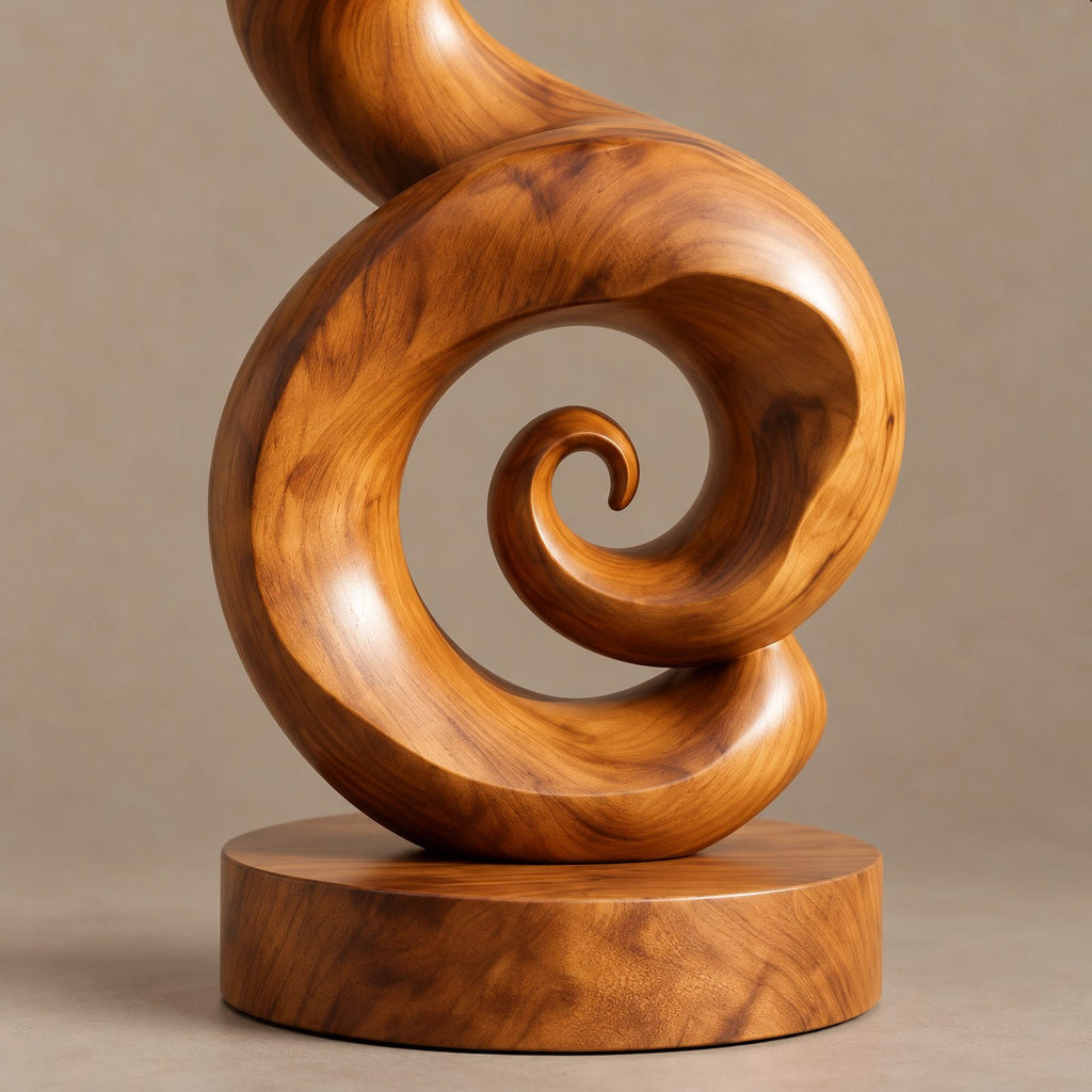 Organic Solid Wood Sculpture With Curled Spiral Base For Home Office