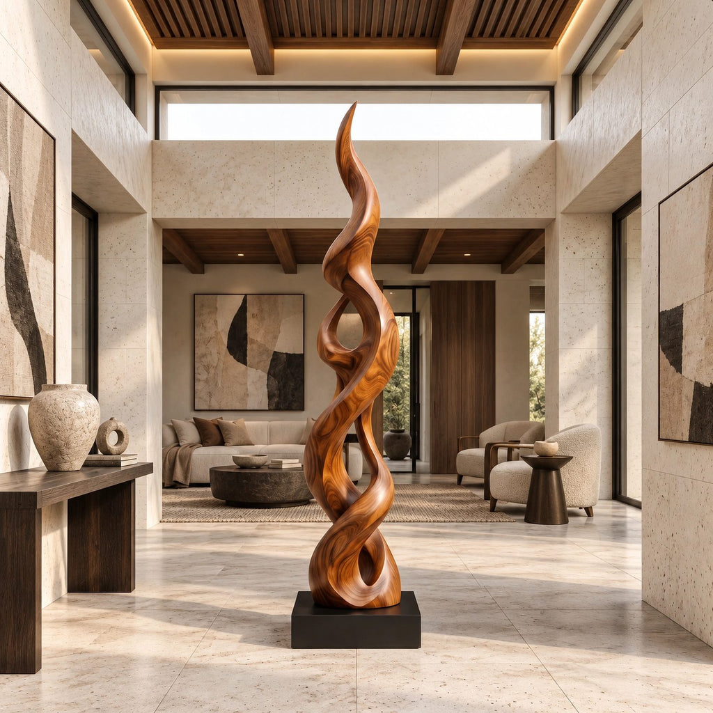 Minimalist Solid Wood Sculpture With Double Helix Twist For Hallway