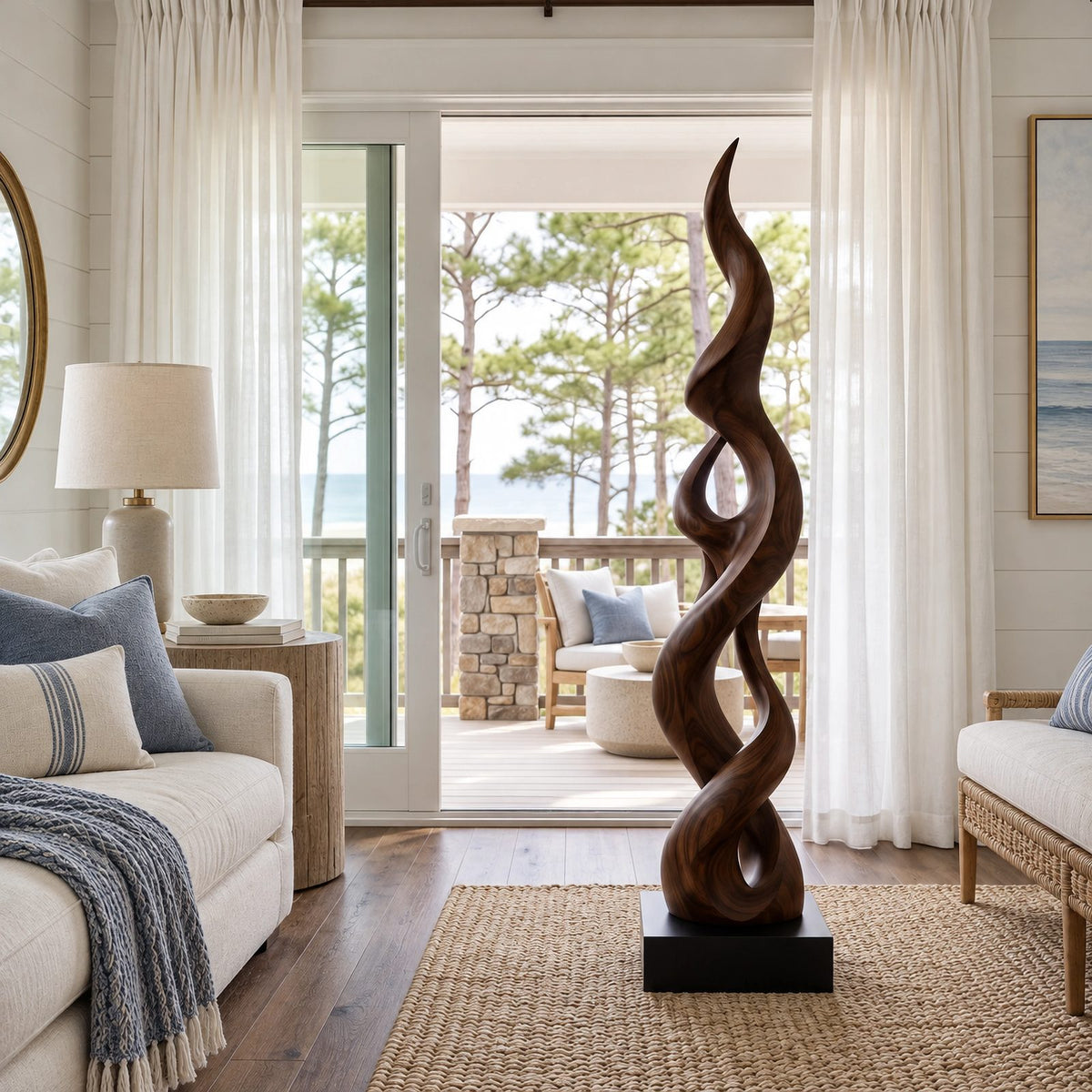 Minimalist Solid Wood Sculpture With Double Helix Twist For Hallway