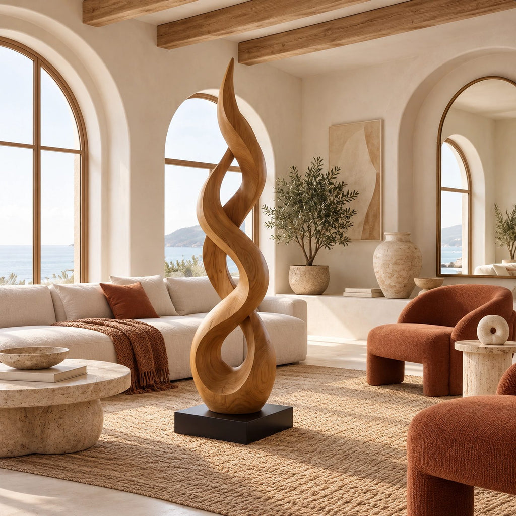 Farmhouse Solid Wood Sculpture With Dancing Flame Form For Living Room