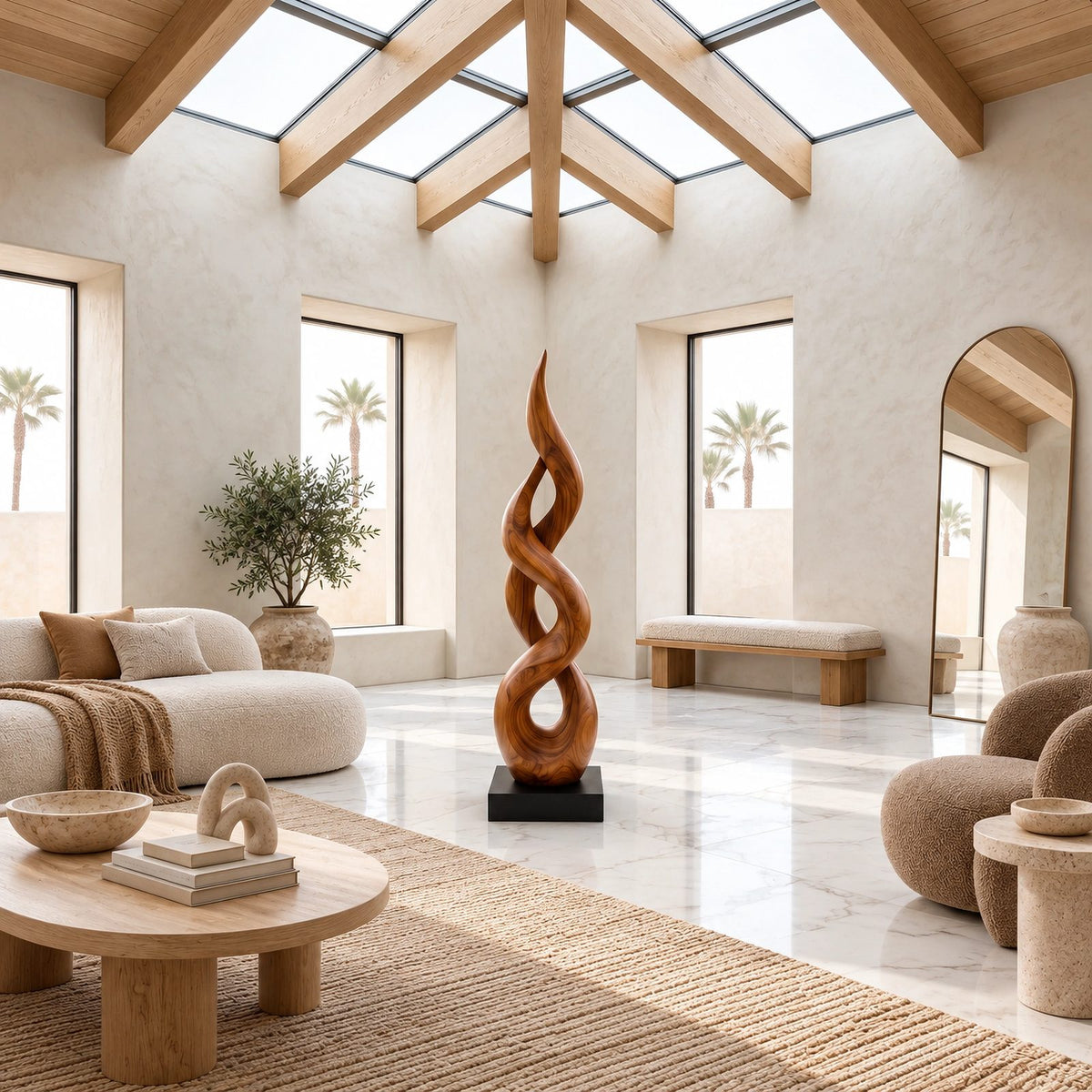 Farmhouse Solid Wood Sculpture With Dancing Flame Form For Living Room