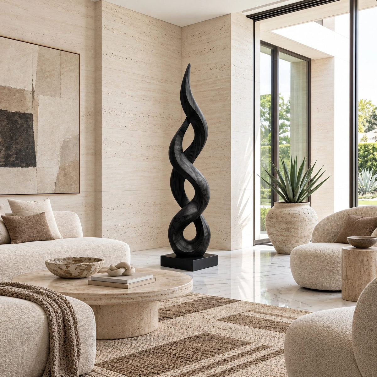 Farmhouse Solid Wood Sculpture With Dancing Flame Form For Living Room