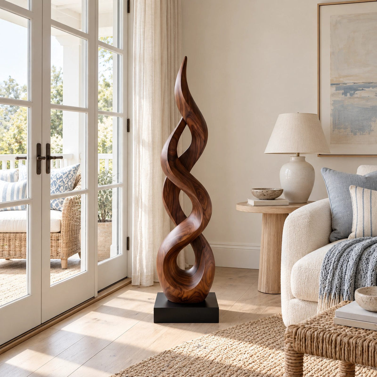 Farmhouse Solid Wood Sculpture With Dancing Flame Form For Living Room