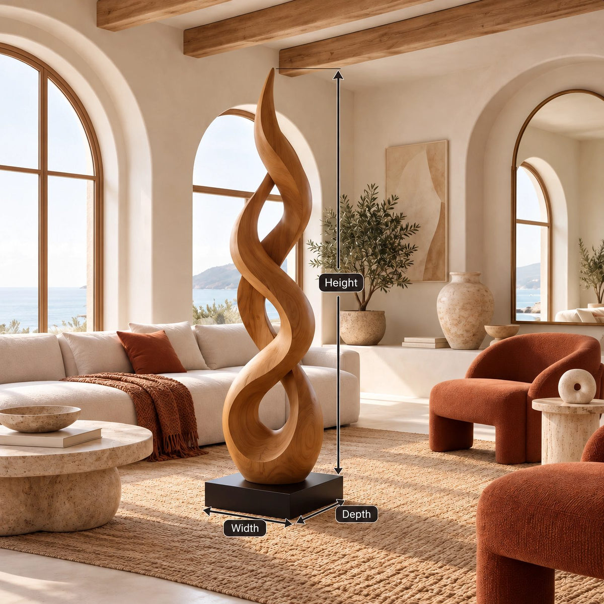 Farmhouse Solid Wood Sculpture With Dancing Flame Form For Living Room