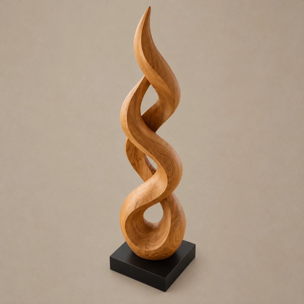Farmhouse Solid Wood Sculpture With Dancing Flame Form For Living Room