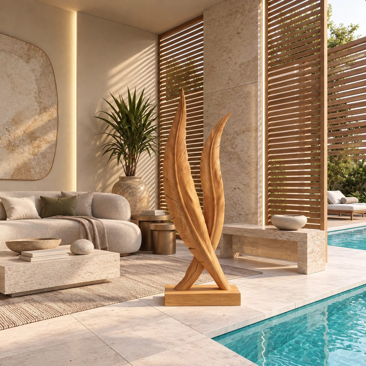 Scandinavian Solid Wood Sculpture With Twin Flame Blades For Home Office